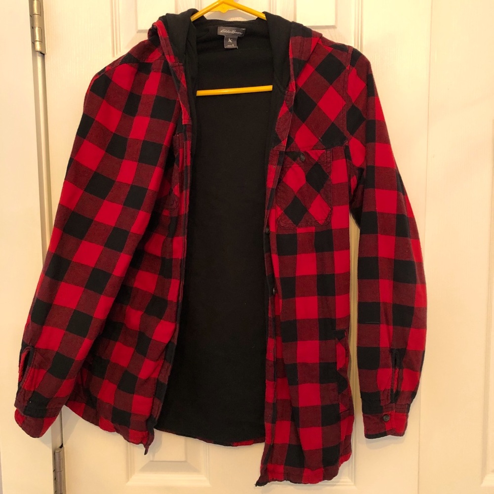 Eddie Bauer red/black check hooded flannel S
